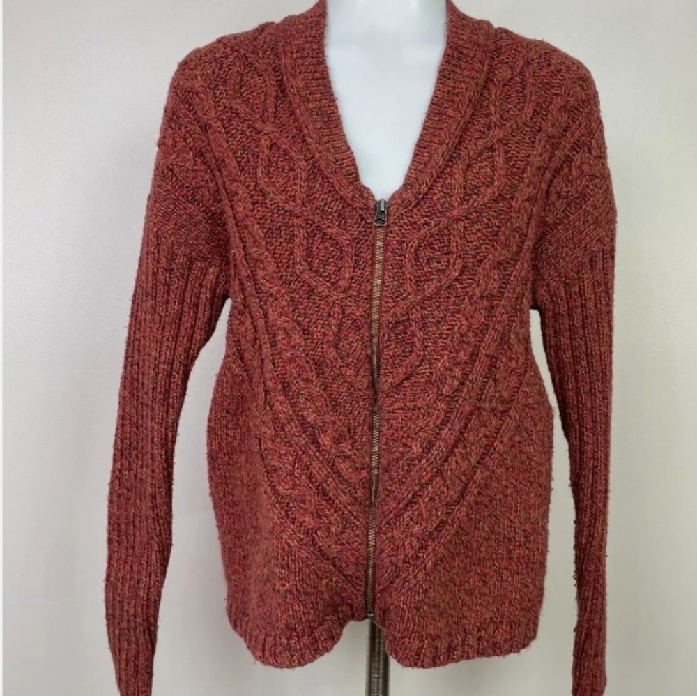 Woolrich Women's XL Heavy Cable Knit Zip-Up Rust Old Red Marl Cotton/Wool Blend